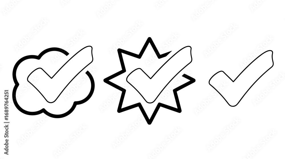 Poster set of three check mark icons including cloud and starburst variations