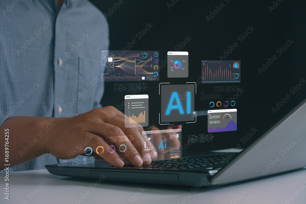 Poster closeup hand of a businessman using a laptop with an artificial intelligence and data analytics dash