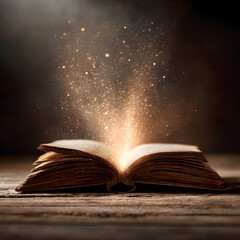 Open book emitting magical light on wooden table in dark room, representing knowledge, wisdom, and the power of storytelling.