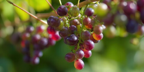 A vibrant cluster of ripe, purple grapes hangs from a verdant vine, ready to be harvested.