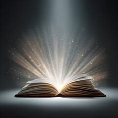 Open book emitting bright light in dark room, symbolizing knowledge and inspiration, creating a magical and hopeful atmosphere.