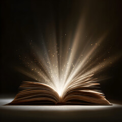 Open book emitting bright light and magical particles in a dark room, representing knowledge, imagination, and the power of storytelling.