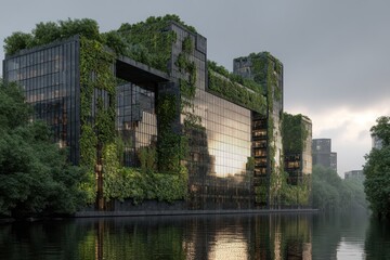 Modern eco-building, glass and concrete, covered in lush green vegetation. Perfect for sustainable business, architecture, and environmental concepts.