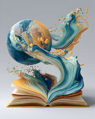 World emerging from an open book, painted with swirling blue and gold, symbolizing knowledge and creative imagination on a neutral backdrop.