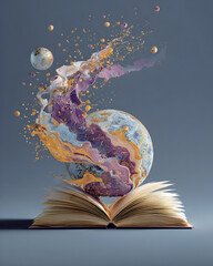 Open book releases swirling galaxy of purple and gold into the cosmos, representing knowledge, imagination, and the boundless potential of learning.