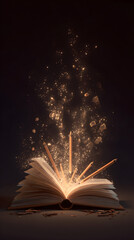 Open book emitting magical light and particles in dark room, suggesting knowledge, wonder, and the power of storytelling, creating a mystical atmosphere.