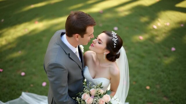 Lovely newlyweds bride meeting groom with bouquet in park making kiss, wedding couple, aerial view