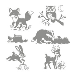 Naklejka premium Playful Autumn Forest Creatures Icon Set in Monochrome Style 