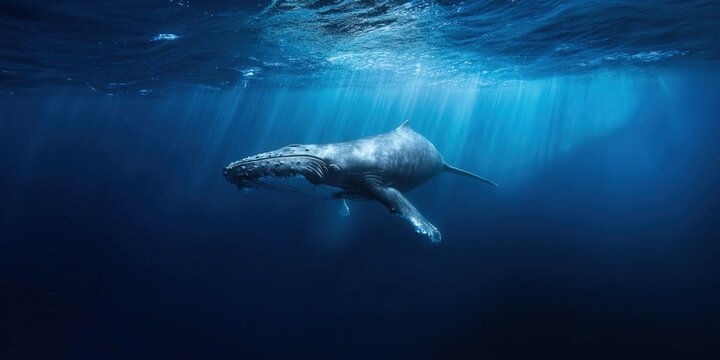 A humpback whale glides gracefully through the deep, blue ocean, illuminated by sunlight.
