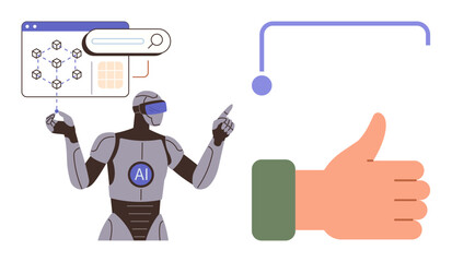 Robot analyzing data interface with search functionality, neural network diagram, and thumbs-up gesture. Ideal for AI, automation, technology, machine learning, digital innovation, feedback systems
