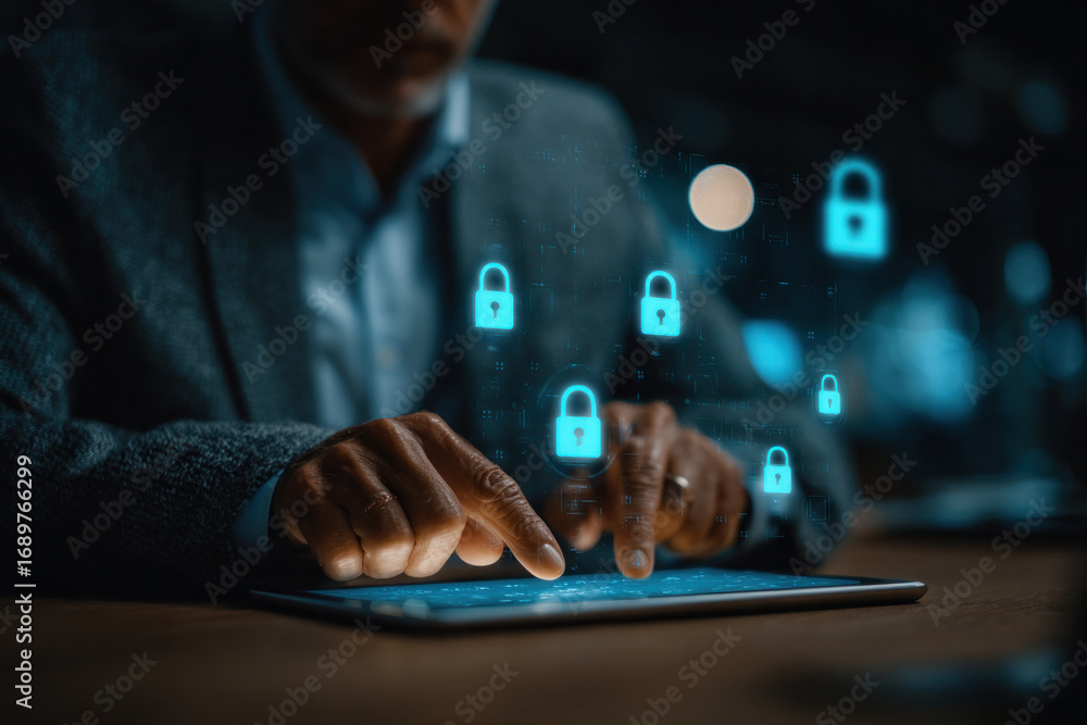 Poster close up of hands typing on a tablet with glowing lock icons floating above, symbolizing cybersecuri