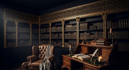 A dimly lit, vintage library with ornate wooden bookshelves, a leather armchair, and a writing desk with a quill and candle.