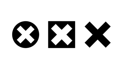 Obraz premium Three variations of black and white cross mark icons in circle square and plain shapes