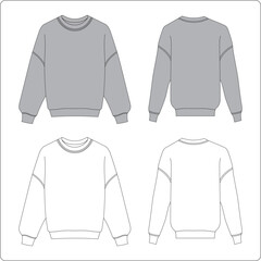 Grey and white crewneck sweatshirt design, presented in front and back, technical flat sketch, fashion design template for clothing CAD