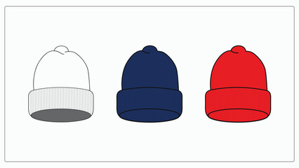 Three beanie hats in red, navy, and white showcase various color options for projects, technical flat sketch, fashion design template for clothing CAD