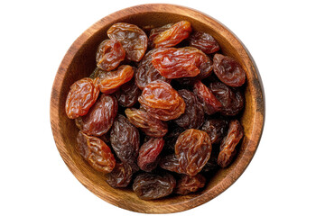 Obraz premium Top-down view of raisins in a wooden bowl