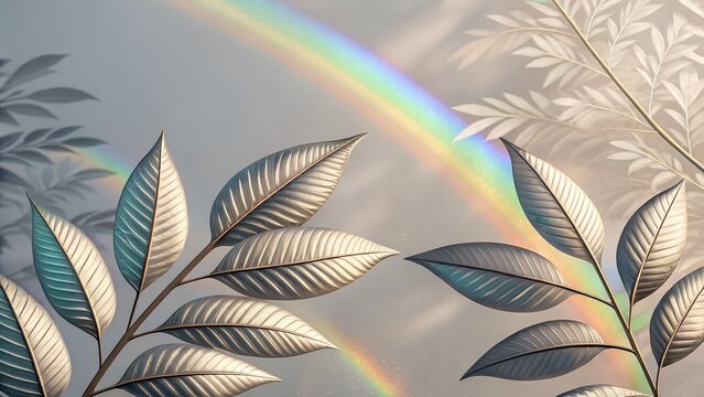 Leaves refracting light like holographic prisms, rainbow glows against a soft neutral background, futuristic premium wallpaper design.