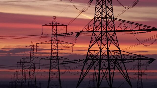 Majestic Electricity Pylons and Transmission Lines Silhouetted Against a Dramatic Sunrise Sky Over Rural Moorland