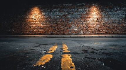 Old brick wall shines near dark street with yellow lines painted there. This can be great to use as a grungy city background in your design.