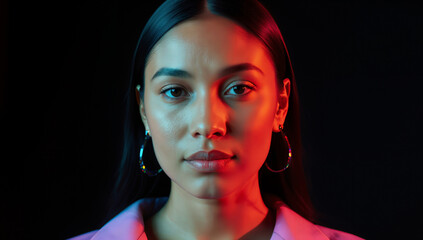 A young woman stands in a studio illuminated by vibrant red and blue lights. She displays a calm expression, highlighting her natural beauty in a modern, clean environment