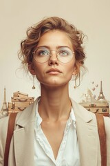 A woman wearing glasses with a suitcase in front of her face