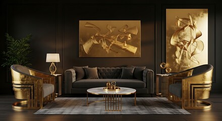 Luxurious living room with gold accents and dark furniture.