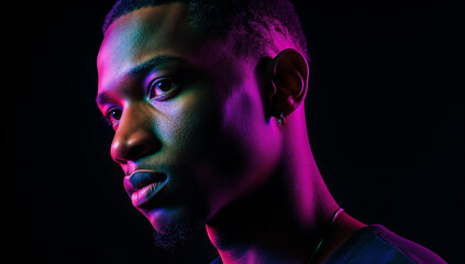 A young man poses with a serious expression, showcasing his earring. Soft, colorful lights define his facial features, creating a striking contrast with the dark backdrop