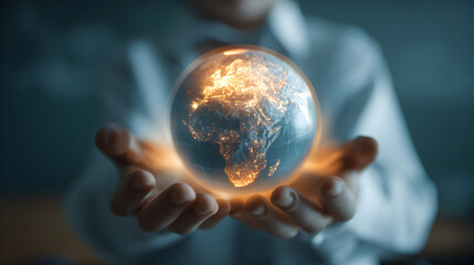 Person holding glowing earth globe in hands, symbolizing environmental awareness and global responsibility, creating a hopeful and futuristic atmosphere.