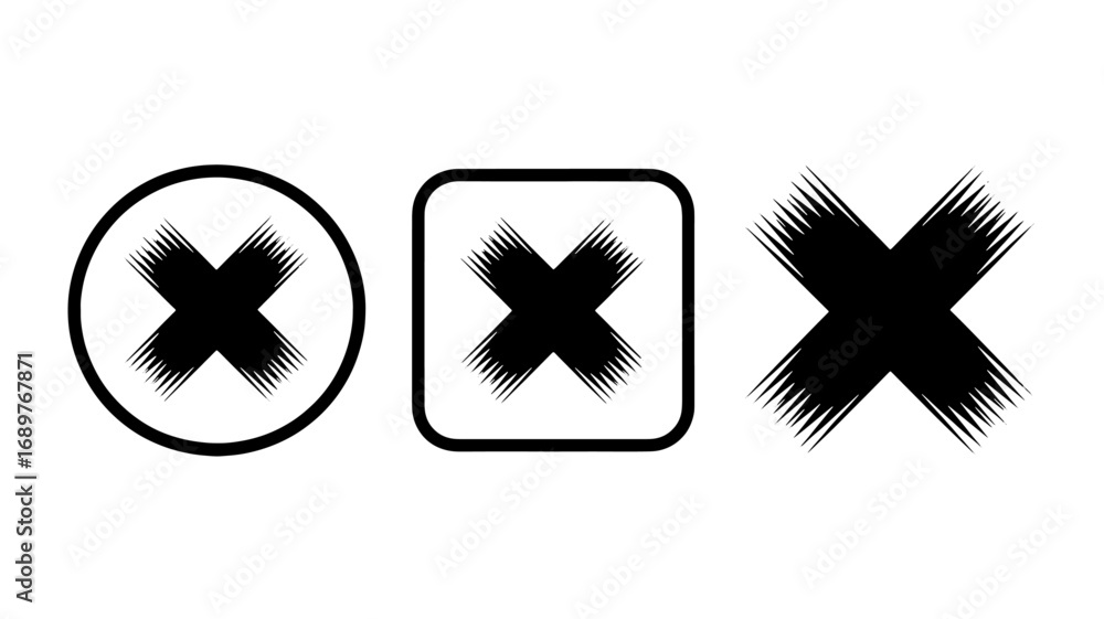 Poster three variations of a black cross mark icon in circle square and hatched style suitable for rejectin