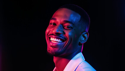 A man smiles brightly with vibrant blue and pink lighting in a dark studio. His dressed appearance conveys joy and confidence at an evening gathering
