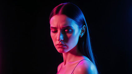 A young woman poses in a dark studio, her long hair illuminated by vibrant blue and pink lights. She appears deep in thought, conveying a sense of emotion and introspection