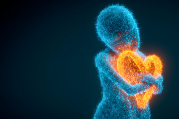 Glowing figure embraces a warm heart against a dark backdrop, symbolizing love, connection, and emotional support in a digital age.