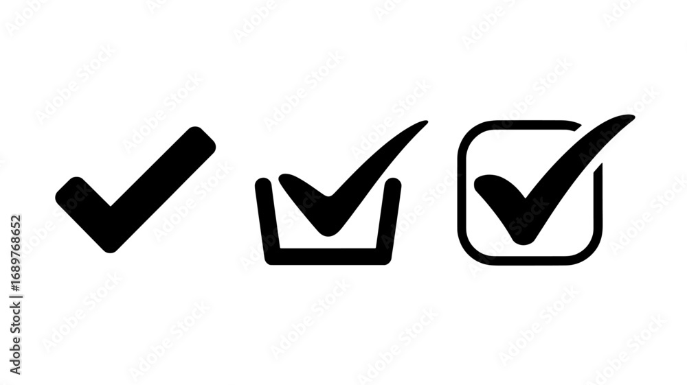 Poster three variations of check mark icons for approval confirmation and completion