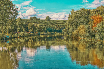 Colorful Autumn River Scene in Rural Landscape
