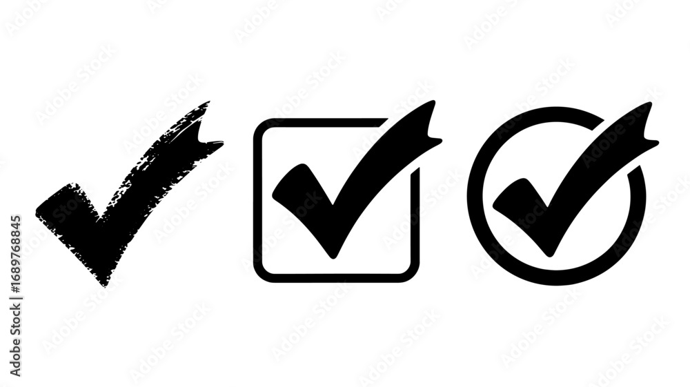 Poster three stylish check marks in different shapes for approval confirmation and completion