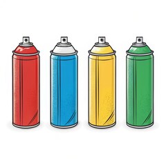 Four colorful spray paint cans isolated on white background in a row