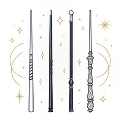 Fototapeta premium Four different magic wands isolated on white background, used by wizards