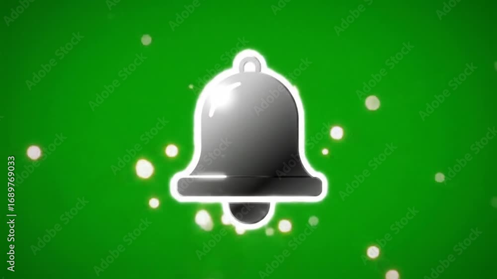 Poster dynamic notification bell animation with sparkling light effects on vibrant green background perfect