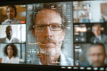 Close up of a focused man on a video conference, surrounded by digital interface overlays and holographic data panels reflecting his face and colleagues in the frame.