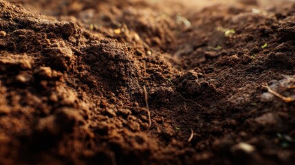Rich, dark brown soil texture, illuminated by soft, golden sunlight. Perfect for agriculture, gardening, or environmental concepts and designs.