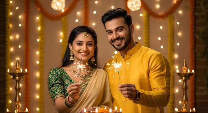 Smiling Indian couple celebrating Diwali festival with sparklers, traditional attire, and glowing festive decorations, symbolizing love, joy, and togetherness during festival of lights