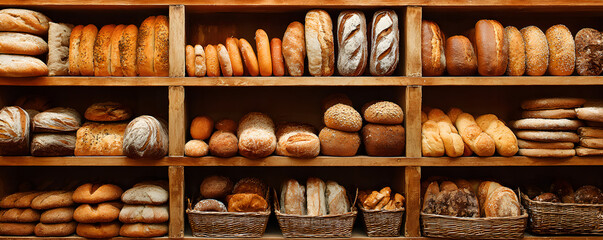 Assortment of breads neatly arranged on bakery shelves, isolated on a clean background