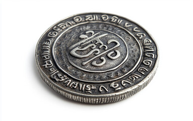 Traditional Nepali Silver Coin with Intricate Inscriptions Isolated On White Background.