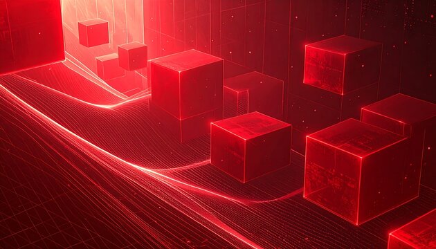 Abstract digital red cubes and lines