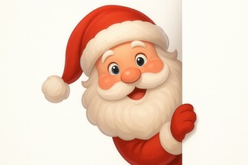 Cheerful cartoon Santa peeking over edge twinkling eyes rosy cheeks fluffy beard playful festive character illustration on clean background for holiday promotions banners and cards