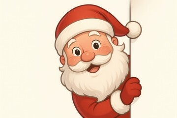 Cheerful cartoon Santa peeking over edge twinkling eyes rosy cheeks fluffy beard playful festive character illustration on clean background for holiday promotions banners and cards