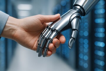 Human hand and robotic hand shaking in front of glowing server racks symbolizing trusted human AI collaboration partnership ethics and the future of work