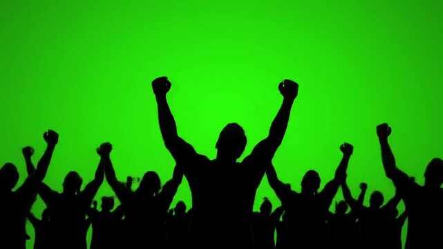 Energetic crowd celebrating victory in vivid green screen silhouette, raising arms in triumph and excitement, perfect for motivational and empowering visuals