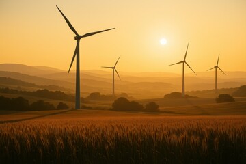 Obraz premium Graceful wind turbines over rolling wheat fields at sunrise sustainability and clean energy showcased with pastoral beauty perfect for editorial features and environmental
