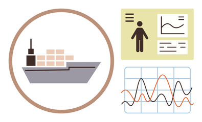 Cargo ship with containers, human infographic, and dynamic graphs. Ideal for logistics, shipping, data analysis, business, trade transportation and forecasting. Simple flat metaphor